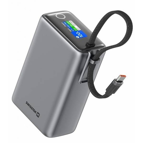 Powerbanka Swissten 25000 mAh (96.25Wh) 100W, integrovaný kabel USB-C šedá

