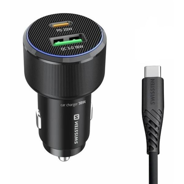 Adaptér do auta Swissten USB-C PD + USB-A, 38W + USB-C kabel 1m černý

