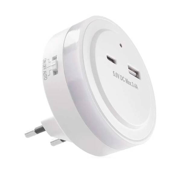 Noční světlo EMOS do zásuvky, 0,3W, USB C+A bílé

