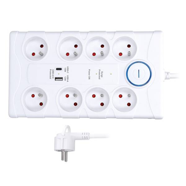 Přepěťová ochrana Solight 8x zásuvka, USB A+C, 2m bílá

