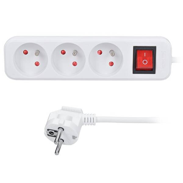 Kabel prodlužovací Solight 3 zásuvky, vypínač, 3 x 1.5mm2, 3 m bílý

