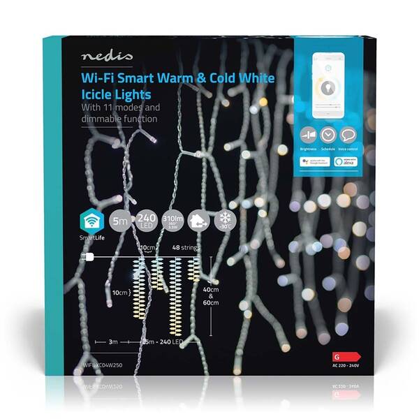 Vánoční osvětlení Nedis SmartLife LED, Wi-Fi, Teplá až studená bílá, 240 LED, 5 m, Android / IOS 

