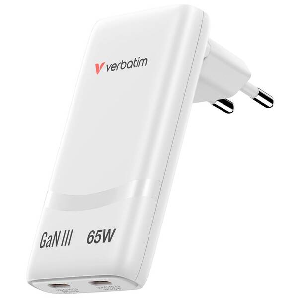 Nabíječka do sítě Verbatim Fold 'n' Go 65W, 2×USB-C PD3.0 bílá


