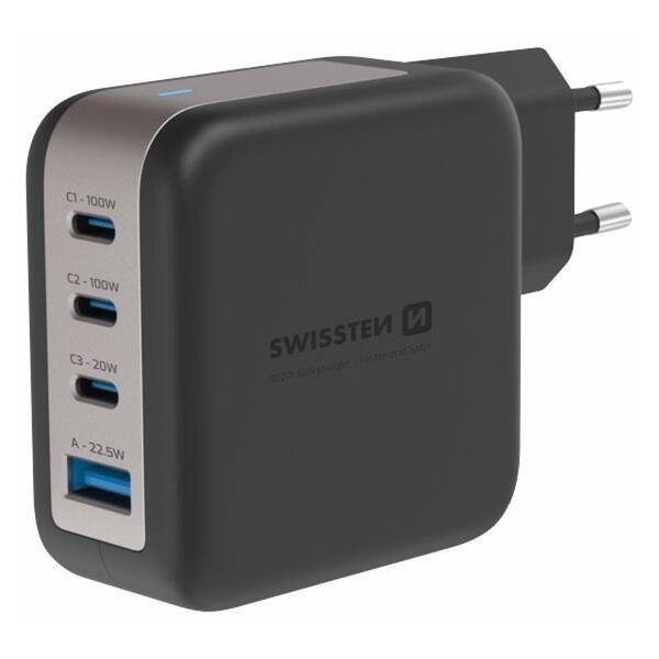 Nabíječka do sítě Swissten GaN 3x USB-C 100W PD + 1x USB-A 18W QC černá

