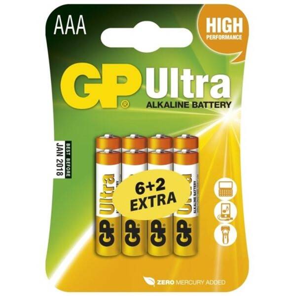 Baterie alkalická GP Ultra AAA 6ks + 2ks 

