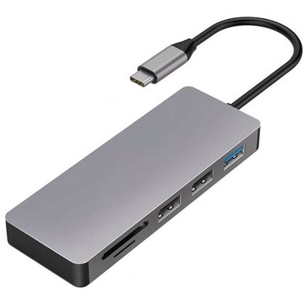 USB Hub PLATINET USB-C/USB-C PD, HDMI, SD, Micro SD, 2x USB 2.0, USB 3.0 šedý

