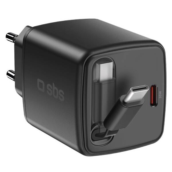 Nabíječka do sítě SBS USB-C, PD, 30 W, integrovaný USB-C kabel 0,75 m černá

