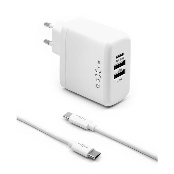 Nabíječka do sítě FIXED USB-C PD, 2x USB 2.0, 45W + USB-C kabel 1m bílá

