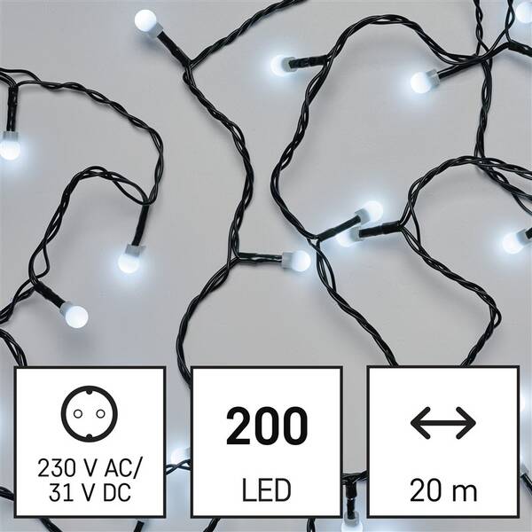 LED řetěz EMOS 200LED cherry řetěz - kuličky, 20 m, venkovní i vnitřní, studená bílá, programy, časovač 

