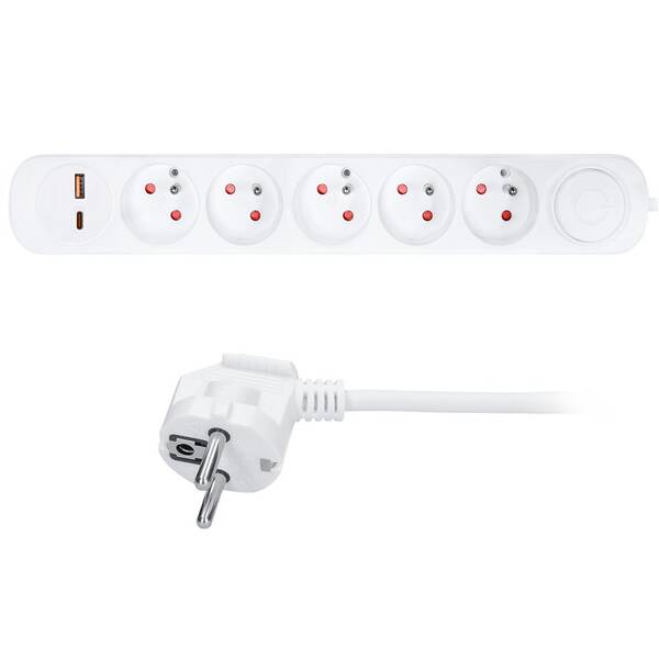 Kabel prodlužovací Solight 5 zásuvek, USB A+C 20W PD, vypínač, 3 x 1mm2, 3 m bílý

