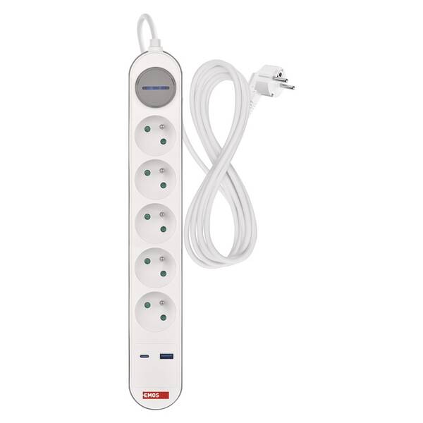 Kabel prodlužovací EMOS 5Z 3M S VYP.1,5MM+USB A+C šedý/bílý

