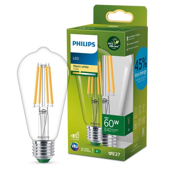 Žárovka LED Philips 60W, filament, ST64, E27, teplá bílá 

