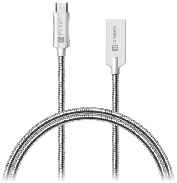 Kabel Connect IT Wirez Steel Knight USB/micro USB, ocelový, opletený, 1m stříbrný

