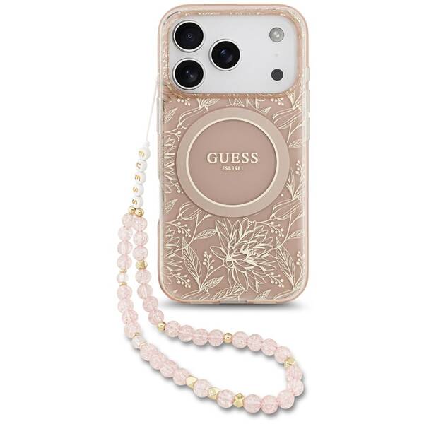 Kryt na mobil Guess IML Flowers Allover Strap MagSafe na Apple iPhone 17 Pro růžový

