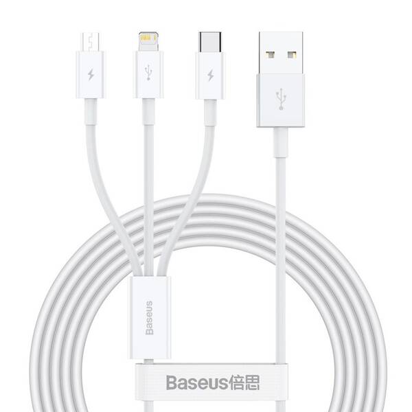 Kabel Baseus Superior 3v1 USB/microUSB+Lightning+USB-C, 3,5A, 1,5m bílý

