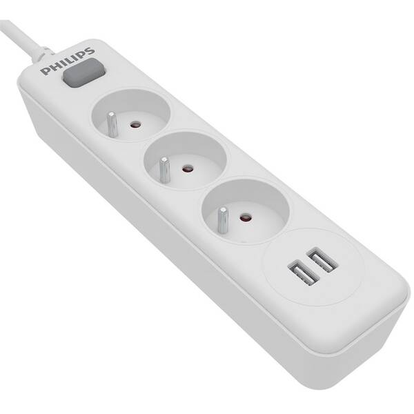 Kabel prodlužovací Philips 3x zásuvka + 2x USB-A, s vypínačem, 2 m bílý

