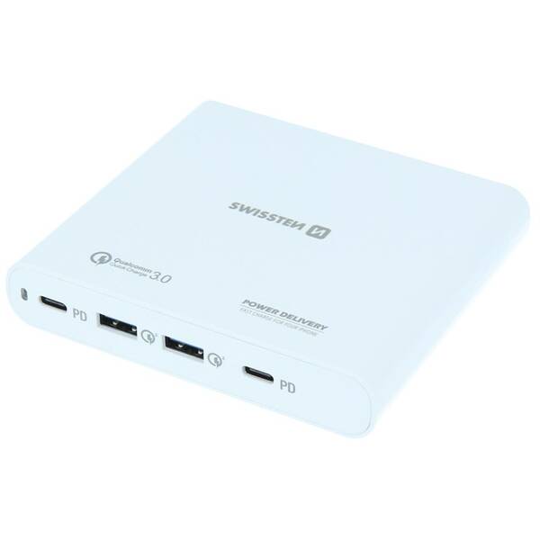Nabíječka do sítě Swissten 87W, 2x USB-C, 2x USB-A bílá

