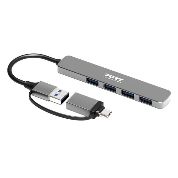 USB Hub PORT CONNECT USB-A/USB-C, 4x USB 3.0 stříbrný

