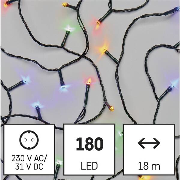 LED řetěz EMOS 180LED řetěz, 18 m, venkovní i vnitřní, multicolor, programy, časovač 

