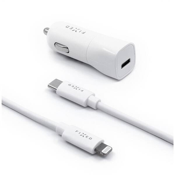 Adaptér do auta FIXED USB-C PD 18W, + MFi Lightning kabel 1m bílý


