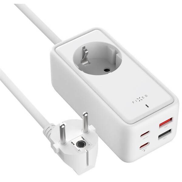 Kabel prodlužovací FIXED Charging Strip 2x USB-C a 2x USB, GaN III, PD 65W, 1,5 m bílý

