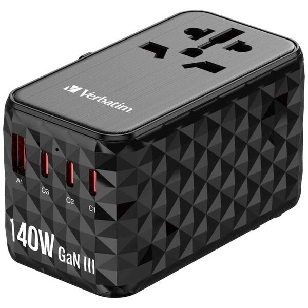Cestovní adaptér Verbatim UTA-10 GaN III, 140W, 3x USB-C, 1xUSB černý

