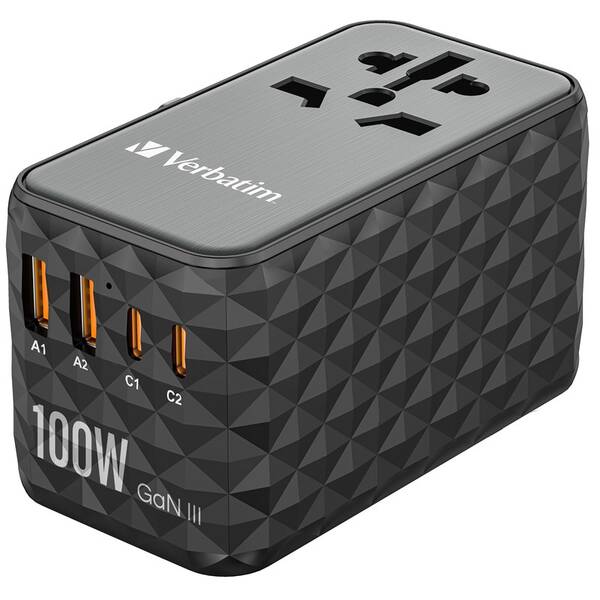 Cestovní adaptér Verbatim UTA-06 GaN III, 2x USB-C PD 100W & QC 4+, 2x USB-A QC 3.0 černý

