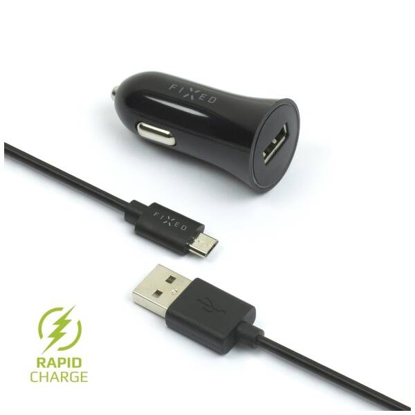 Adaptér do auta FIXED 1x USB, 2,4A + micro USB kabel černý

