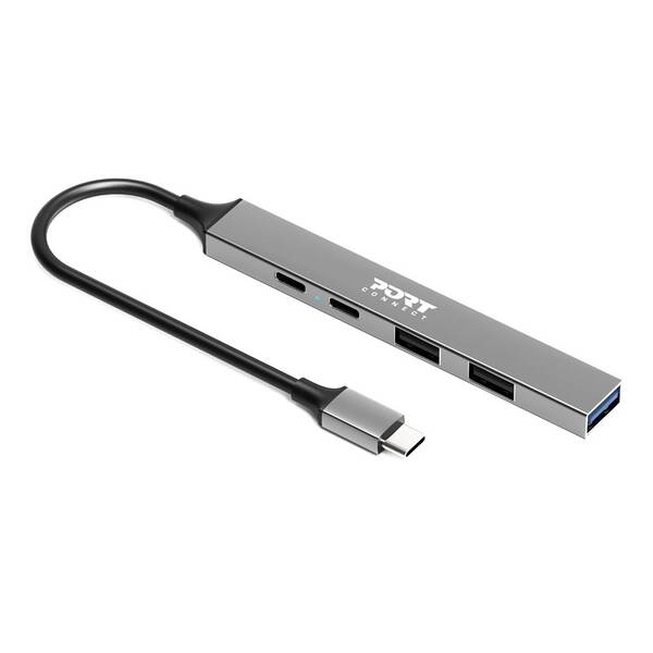 USB Hub PORT CONNECT USB-C, 4× USB + 1× USB-C 100W PD stříbrný

