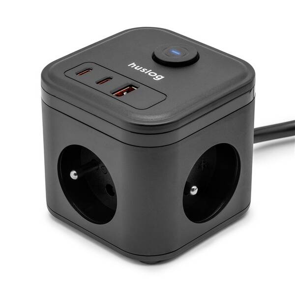 Kabel prodlužovací Huslog 20W 3xzásuvka, 2xUSB-C, 1xUSB černý

