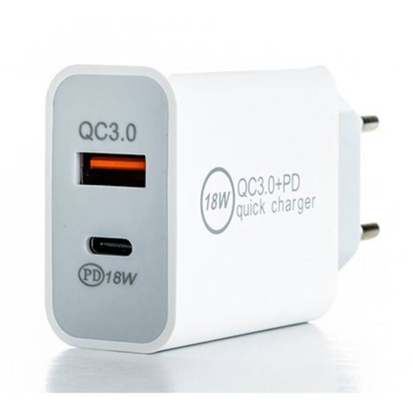 Nabíječka do sítě ERPOWER 18W USB-C PD, USB-A QC 3.0 bílá

