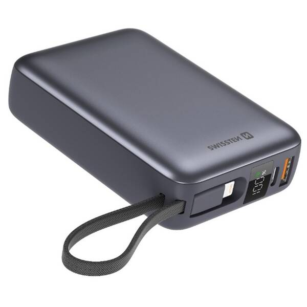 Powerbanka Swissten s integrovanými kabely USB-C a Lightning, 20000 mAh stříbrná

