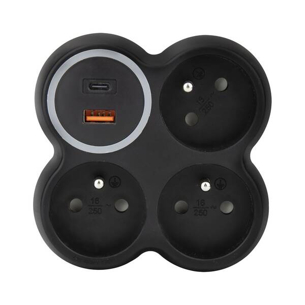 Rozbočovací zásuvka Solight 3x zásuvka, USB A+C, 20W PD, max. 3500W černý

