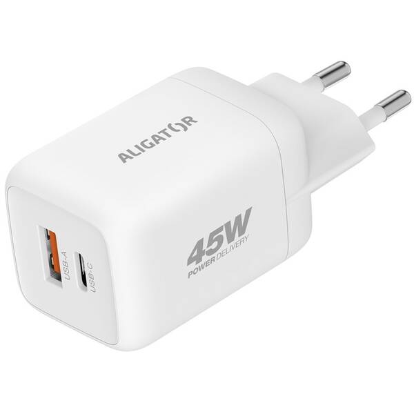 Nabíječka do sítě Aligator Power Delivery 45W, 1×USB-A + 1×USB-C bílá

