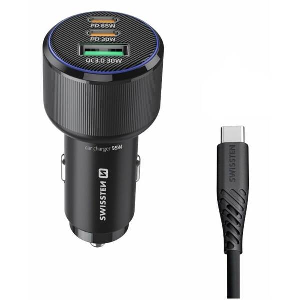 Adaptér do auta Swissten 2x USB-C PD + USB-A, 95W + USB-C kabel 1m černý

