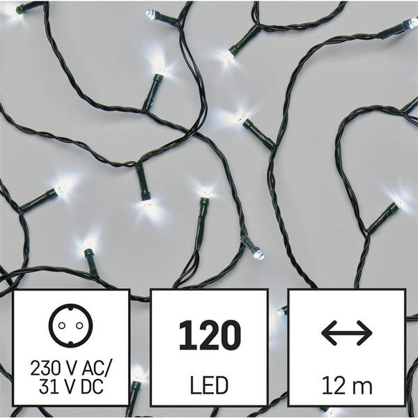 LED řetěz EMOS 120LED řetěz, 12 m, venkovní i vnitřní, studená bílá, programy, časovač 

