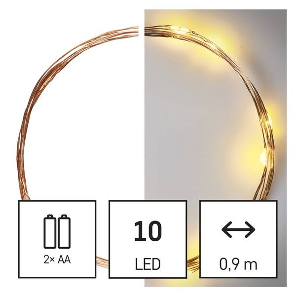 Vánoční osvětlení EMOS 10 LED nano řetěz měděný, 0,9 m, 2x AA, vnitřní, teplá bílá, časovač 

