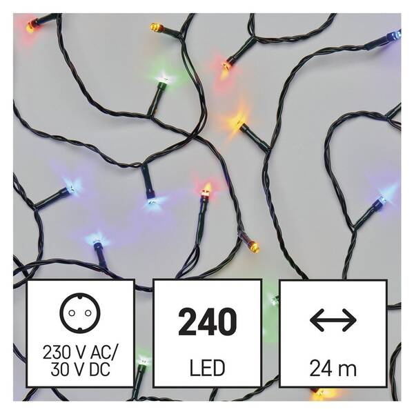 Vánoční osvětlení EMOS 240 LED řetěz, 24 m, venkovní i vnitřní, multicolor, časovač 

