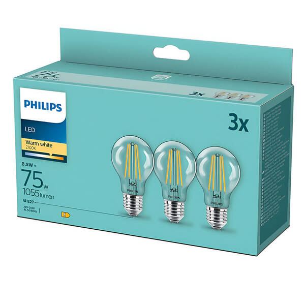 Žárovka LED Philips klasik, 8,5W, E27, teplá bílá, 3ks 

