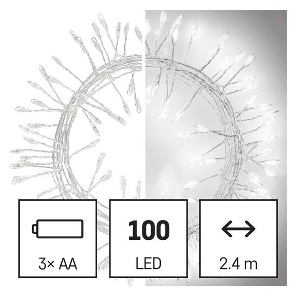 Vánoční osvětlení EMOS 100 LED nano řetěz - ježek, 2,4 m, 3x AA, vnitřní, studená bílá, časovač 

