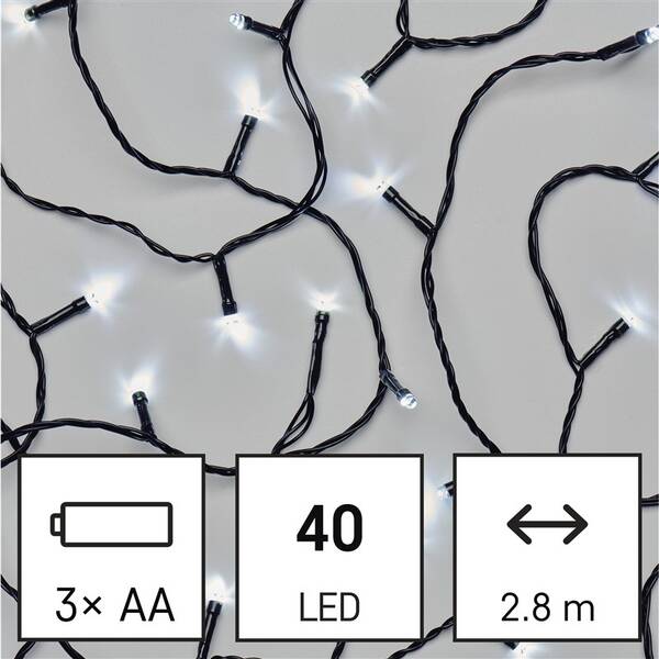 Vánoční osvětlení EMOS 40 LED řetěz, 2,8 m, 3x AA, venkovní i vnitřní, studená bílá, časovač 


