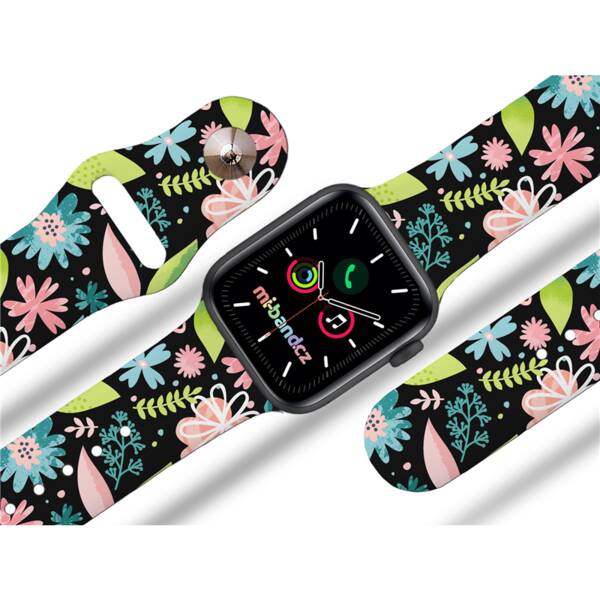Řemínek Mi-Band na Apple Watch 42/44/45/49 mm - motiv Květy a větvičky, černý 

