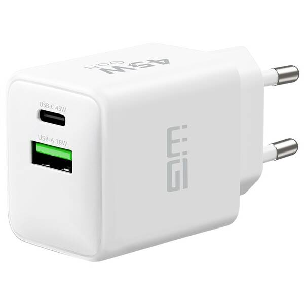 Nabíječka do sítě WG GaN 1xUSB-C/1xUSB-A, 45W+18W bílá

