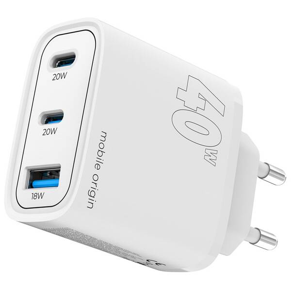 Nabíječka do sítě Mobile Origin 1x USB-A/2x USB-C GaN 40W bílá

