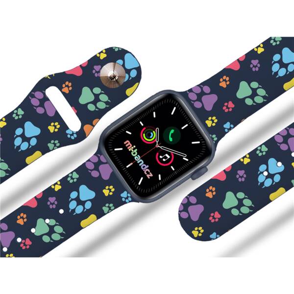 Řemínek Mi-Band na Apple Watch 42/44/45/49 mm - motiv Barevné pacičky, modrý 

