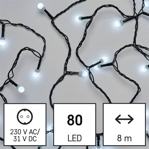 LED řetěz EMOS 80LED řetěz, 8 m, venkovní i vnitřní, studená bílá, programy, časovač 


