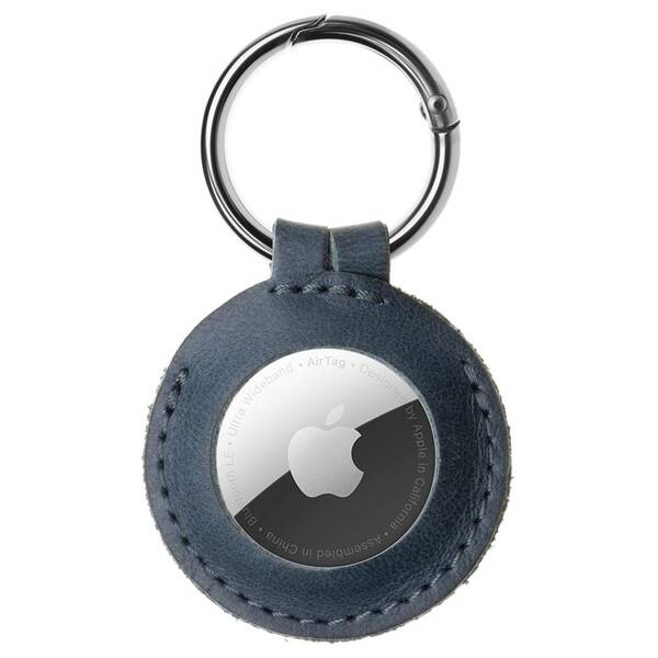 Pouzdro FIXED Case pro AirTag z pravé hovězí kůže s karabinou modré

