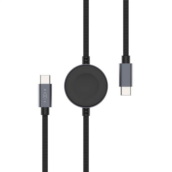 Nabíjecí kabel FIXED USB-C/USB-C a Apple/Samsung Watch nabíječkou, 1,5 m, PD 60W šedý

