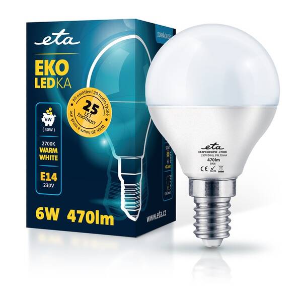 Žárovka LED ETA EKO LEDka mini globe 6W, E14, teplá bílá 

