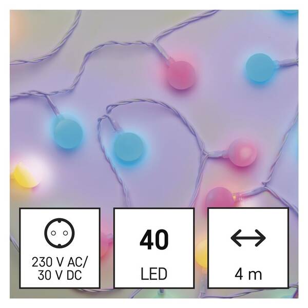 Vánoční osvětlení EMOS 40 LED cherry řetěz - kuličky 2,5 cm, 4 m, venkovní i vnitřní, multicolor, časovač 

